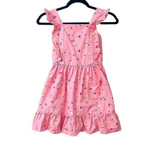 Hanna Andersson Girls Pink Bird Print Ruffle Apron Style Swing Dress Size US 6-7
